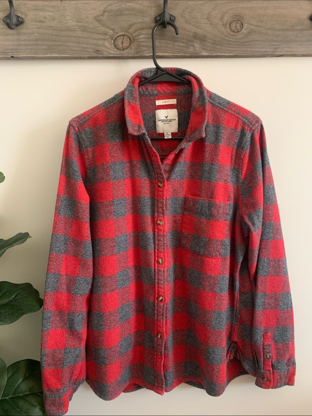American Eagle Outfitters Woman’s Slim Fit Red and Gray Plaid Button-Down Shirt